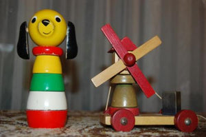 Antique 1950s Wooden Stacking Dog Toy & Windmill Wood Pulling Toys