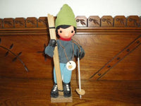 Vintage Prago Czechoslovakia Skier Doll 10 inch Wooden Skis & Pole