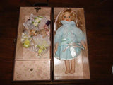 Vintage Wooden Leather Doll Case w Porcelain Doll 2 Dresses Umbrella Purse 12 in