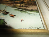 Antique USA Lithograph Artist Richmond I. KELSEY Boats River Landscape Nr 5747