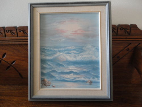 Framed Original Oil Painting on Canvas Artist EATON Signed Seascape Waves Gulls