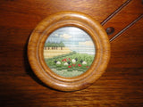 Original Miniature Hand Embroidered One of a Kind Art Sheep Meadow Oak Frame 3"