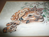Original Signed Watercolor Art Artist H.K. Harmgardt WINTER SNOW FAWN & RABBIT