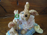 Baby Bunny Rabbit & Mouse w Pacifier on Quilt Porcelain Figurine Hand Painted