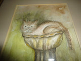 Original Artist Handpainted Signed Watercolor Art Cat in Fountain Framed w Glass