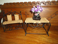 Antique Doll Furniture Wicker Metal Bench Chair & Table Chinese Porcelain Vase
