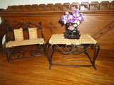 Antique Doll Furniture Wicker Metal Bench Chair & Table Chinese Porcelain Vase