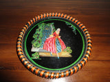 Antique Vintage Foil Art French Lady Glass Round Wood Frame