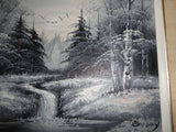 Framed Original Oil Painting on Canvas BARRY Artist Evergreen Forest Stream Bird