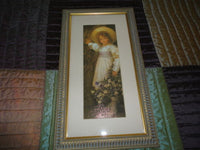 Little Girl Standing Flower Bouquet Textured Artwork Antique Framed
