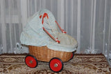 Old 1950s-1960s German Wicker Baby Doll Carriage with Pierrot Doll