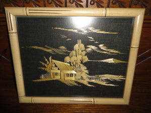 Vintage Framed Asian Art Bamboo Straw Painting House Scene Woven Material