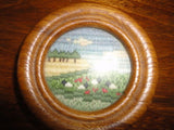 Original Miniature Hand Embroidered One of a Kind Art Sheep Meadow Oak Frame 3"