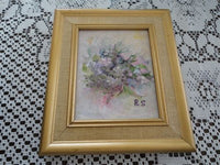 Original Oil Painting Purple Flowers Artist Signed RS Framed Artwork 3.5x4.75