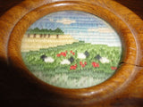 Original Miniature Hand Embroidered One of a Kind Art Sheep Meadow Oak Frame 3"