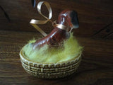 Pekingese Porcelain Sad Puppy Dog in Basket Vintage Japan Figurine