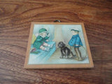 Antique 1930's British Empire Made Mini Art Print Girl & Boy w Dog Metal Hanger