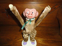 Antique Tin Toy Key Wind Up Tumbling Monkey Silk Plush Metal