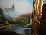 Vintage Original Oil Painting Cabin Lake Mountain Trees Scene 15 x 12 inch