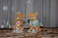 Girl Bear Eating Honey From Bowl & Boy Bear Building Castle Lot of 2 Figurines