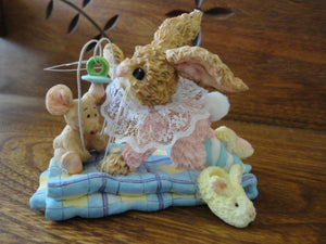 Baby Bunny Rabbit & Mouse w Pacifier on Quilt Porcelain Figurine Hand Painted