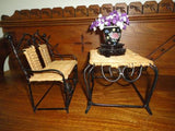 Antique Doll Furniture Wicker Metal Bench Chair & Table Chinese Porcelain Vase