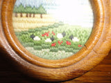 Original Miniature Hand Embroidered One of a Kind Art Sheep Meadow Oak Frame 3"