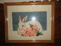 Vintage Tapestry Handmade Needlepoint  Bunny Rabbit in Wooden Frame Artwork