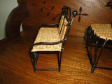 Antique Doll Furniture Wicker Metal Bench Chair & Table Chinese Porcelain Vase