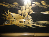 Vintage Framed Asian Art Bamboo Straw Painting House Scene Woven Material