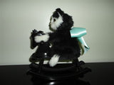 Black & White Furry CAT on ROCKING HORSE Toy Figurine 9 inch Vintage