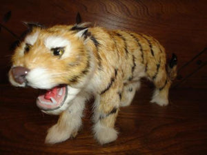 Antique Vintage Real Fur Tiger Statue Glass Eyes & Teeth 9 inch