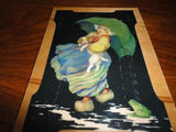 Antique Vintage Wooden Mini Art Print Dutch Girl w Puppy Dog Rain Frog Umbrella