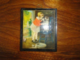 Antique 1930's British Empire Made Mini Art Print Girl Nursing Dog Wood & Metal