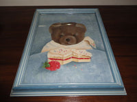 Original Art TEDDY BEAR with CAKE Wood Frame & Glass