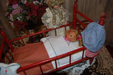 Antique 1930's Wooden Doll Crib 20 Inch Red Wood With 2 Dolls and Accessories