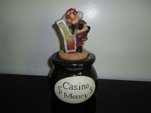 Vintage Casino Money Bank Jar Funny Old Woman at Slot Machine Cork Stopper