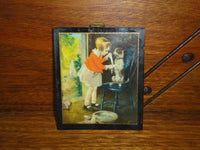Antique 1930's British Empire Made Mini Art Print Girl Nursing Dog Wood & Metal