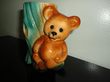 Vintage Retro Chubby Bear Sitting on Tree Stump Vase Planter Porcelain