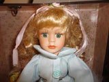Vintage Wooden Leather Doll Case w Porcelain Doll 2 Dresses Umbrella Purse 12 in