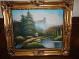 Vintage Original Oil Painting Cabin Lake Mountain Trees Scene 15 x 12 inch