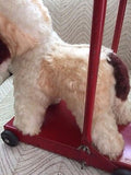 Antique Silk Plush Stuffed Terrier Dog on Wheels Metal Push Toy 18 inch