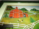 Folk Artist Linda Nelson Stocks 1983 Farm Picture Framed 17 x 14.5 inch