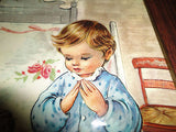 Vintage Art on Wood Little Boy Praying with Doll & Teddy Bear 9 x 7 inch