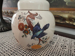 Vintage SADLER STAFFORDSHIRE England Porcelain Jar w Lid Painted Birds & Floral