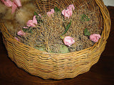 Vintage Hanging Wicker Basket Door Ornament with Furry Bear Pink Roses Handmade