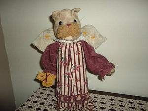 Christmas Cat Angel Wings OOAK Handmade Fabric Wooden Figurine 12 Inches Tall