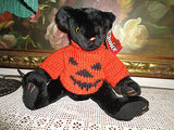 Ganz 1997 HALLOWEEN Black Teddy Bear PUMPKIN CH1924 Jointed w Sweater 14 inch