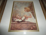 Artwork Victorian Little Girl with Bird in Blossom Tree Print Framed