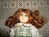 Little Porcelain Doll & Painted Bunny ADORABLE ! 8 inch Green Eyes Long Red Hair